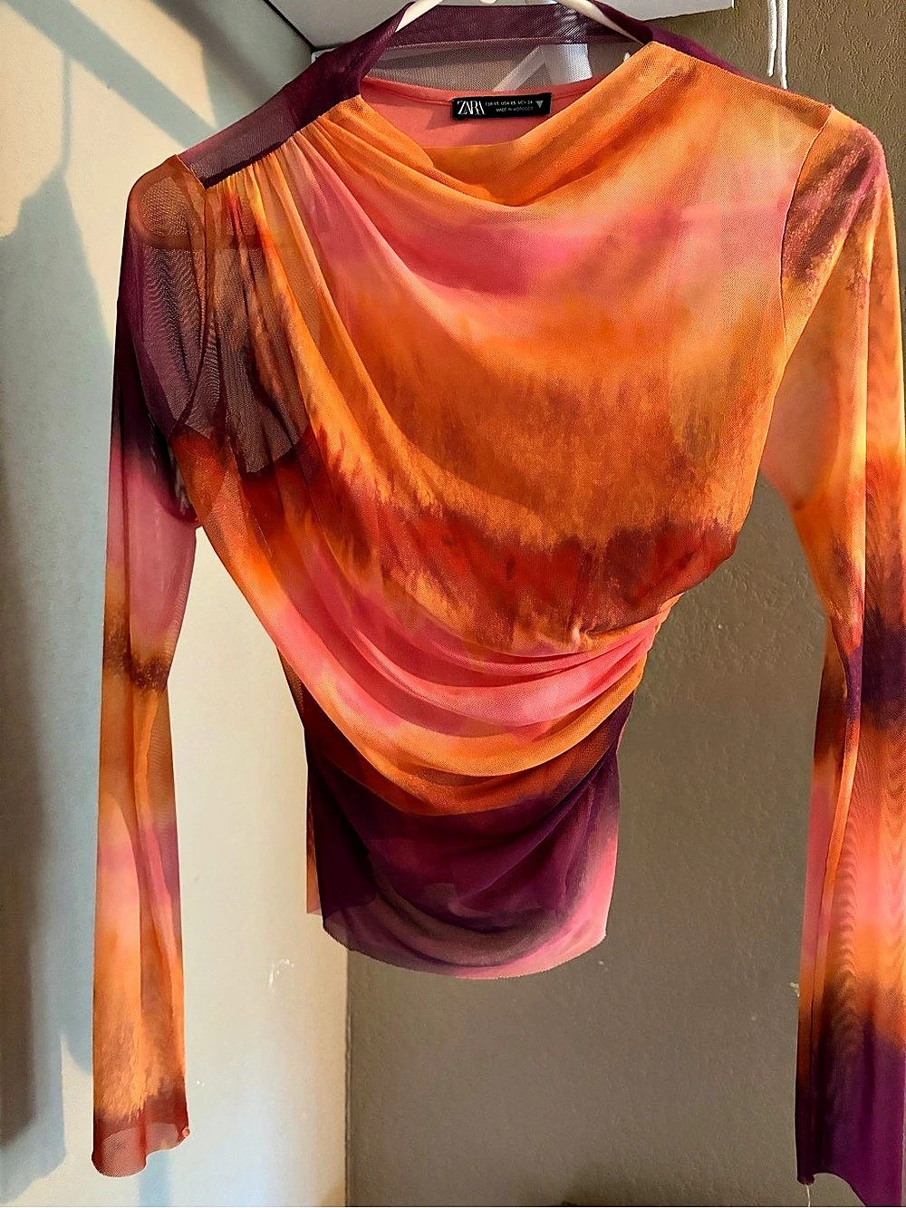 Zara Abstract Ruched Mesh Top in Orange & Pink Size XS
